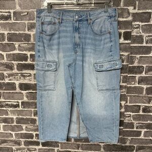 American Eagle high rise midi skirt jean denim light wash front slit